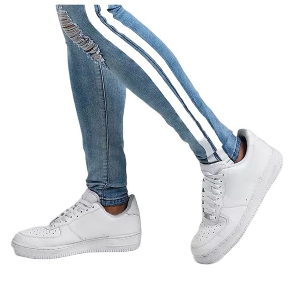 BOOHOO MAN Distressed Super Skinny White Painted Stripe Jean Blue Mens Size 28. - Picture 14 of 16